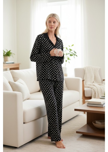 Kadın Siyah Kalp Desenli Pamuklu Uzun Pijama Seti – Yumuşak ve Rahat Ev Giyim fiyatları