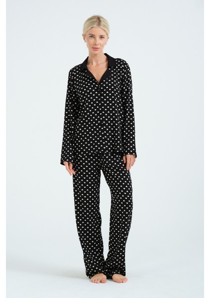 Kadın Siyah Kalp Desenli Pamuklu Uzun Pijama Seti – Yumuşak ve Rahat Ev Giyim indirimleri