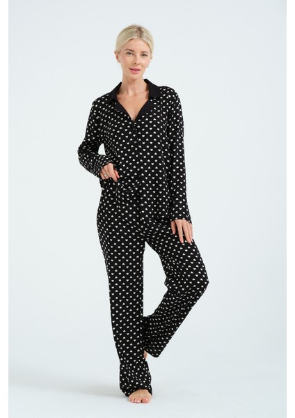 Kadın Siyah Kalp Desenli Pamuklu Uzun Pijama Seti – Yumuşak ve Rahat Ev Giyim