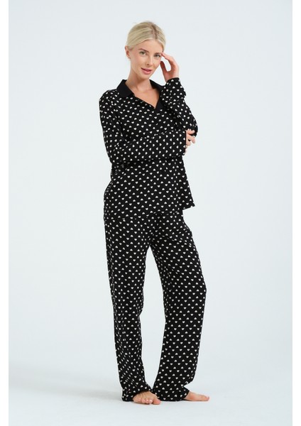 Kadın Siyah Kalp Desenli Pamuklu Uzun Pijama Seti – Yumuşak ve Rahat Ev Giyim