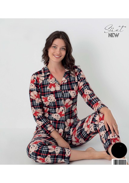 Siyah Ekose Ayılı Gömlek Yaka Süet Pijama Takımı
