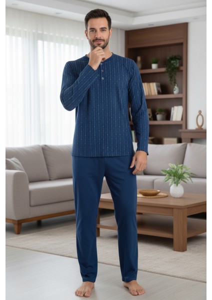 Yakası Düğmeli %100 Pamuk Erkek Penye Pijama Takımı 9711 Lacivert