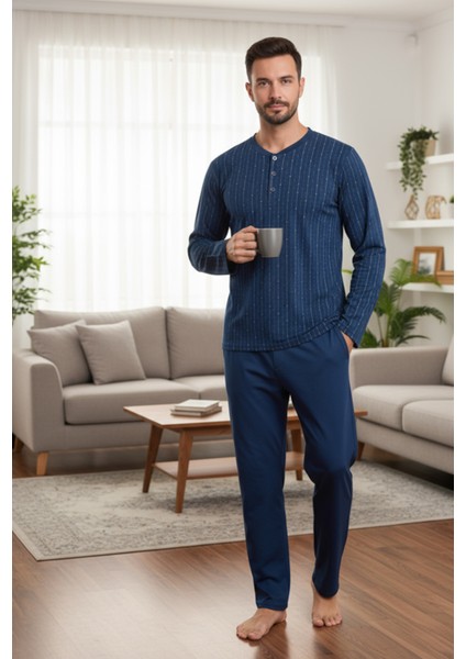Yakası Düğmeli %100 Pamuk Erkek Penye Pijama Takımı 9711 Lacivert fiyatları