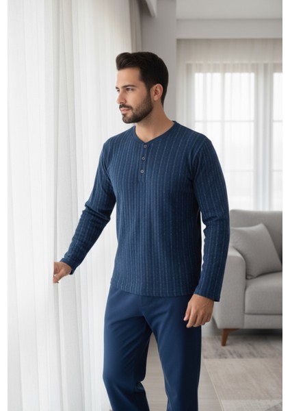 Yakası Düğmeli %100 Pamuk Erkek Penye Pijama Takımı 9711 Lacivert modelleri
