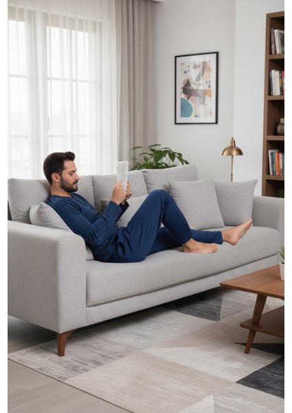 Yakası Düğmeli %100 Pamuk Erkek Penye Pijama Takımı 9711 Lacivert indirimleri