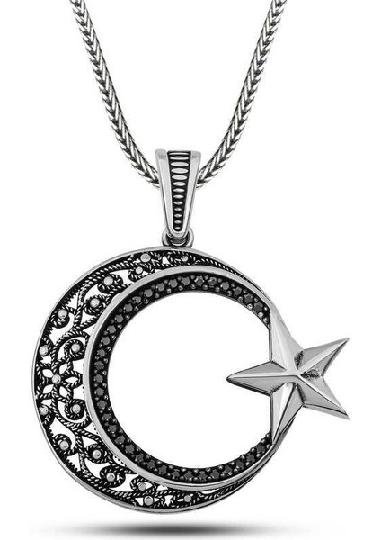 Gümüş Zirkon Taşlı Desenli Ay Yıldız Erkek Kolye