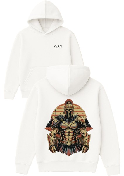 Güçlü Şovalye Tasarım Baskılı Oversize Beyaz Kapüşonlu Sweatshirt