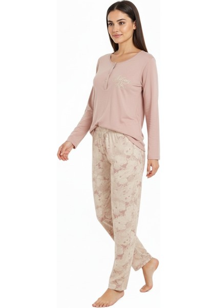 Üstü Yazılı Altı Çiçek Desenli Elite Viscose Uzun Pijama Takımı Pudra 3564 fiyatları