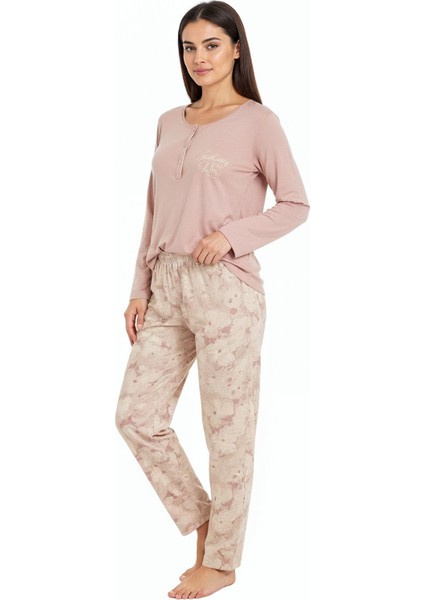 Üstü Yazılı Altı Çiçek Desenli Elite Viscose Uzun Pijama Takımı Pudra 3564 modelleri
