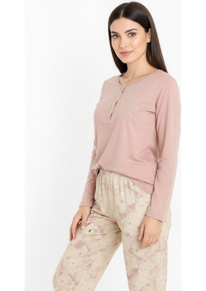 Üstü Yazılı Altı Çiçek Desenli Elite Viscose Uzun Pijama Takımı Pudra 3564 fırsatları