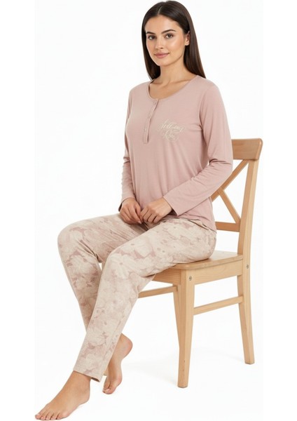 Üstü Yazılı Altı Çiçek Desenli Elite Viscose Uzun Pijama Takımı Pudra 3564 indirimleri