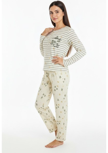 Üstü Yazılı Altı Çam Ağacı Desenli Elite Viscose Pijama Takımı Uzun Ekru 3568