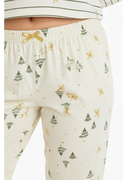 Üstü Yazılı Altı Çam Ağacı Desenli Elite Viscose Pijama Takımı Uzun Ekru 3568 indirimleri