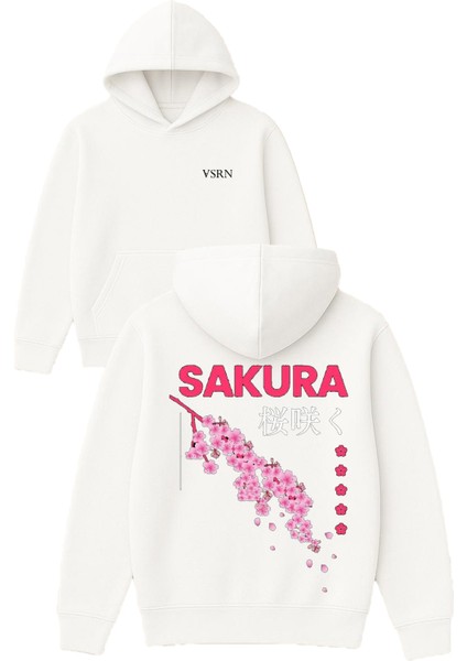 Sakura Pembe Tasarım Baskılı Oversize Beyaz Kapüşonlu Sweatshirt
