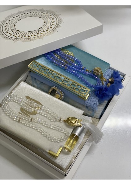 Bebek Mavisi- Beyaz Damat Bohçası, Gelin Bohçası, Seccade Seti, Nişan Bohçası, Çeyizlik Set, Çeyizlik Seccade