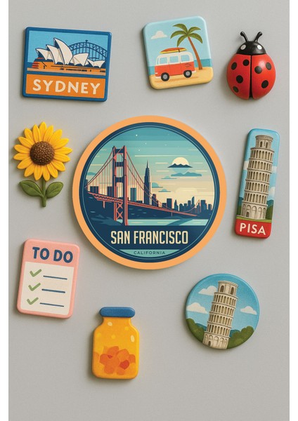 Modern ve Dekoratif Yuvarlak Buzdolabı Magneti Magnet Büyük Boy 10X10 cm - San Francisco