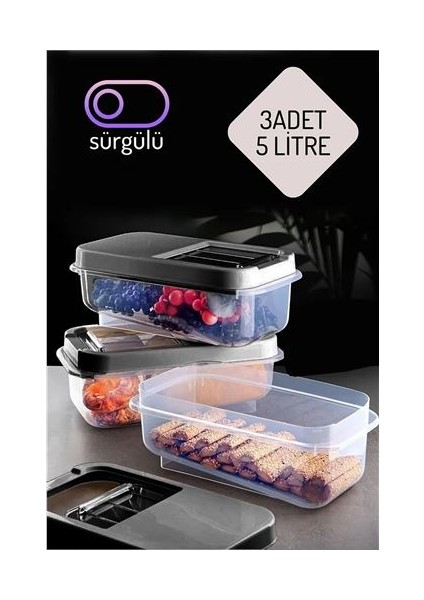Erzak Bakliyat Saklama Kabı 3'lü Set 5 Lt Antrasit