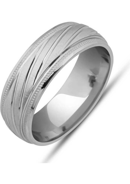 Gümüş Kalemli Çizgi Desenli Rodyum Alyans