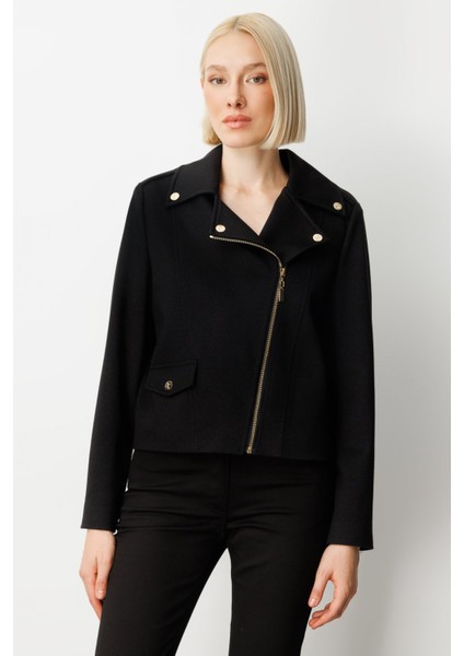 Kadın Simli Kumaş Süs Kapak Cepli Mont 8013 Siyah