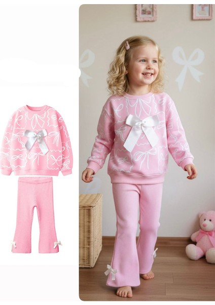 Fiyonk Detaylı Kız Çocuk 2 li takım - Açık Pembe