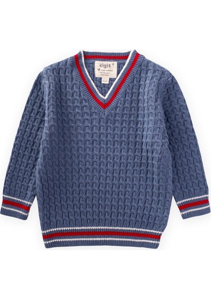 Saç Örgü V Yaka Kazak 2-9 Yaş İndigo Mavi