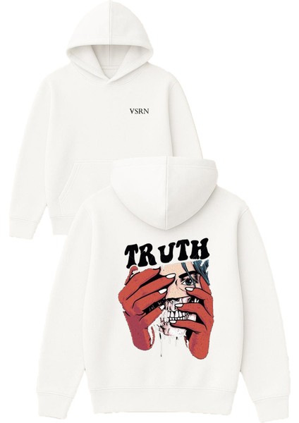 Truth Tasarım Baskılı Oversize Beyaz Kapüşonlu Sweatshirt