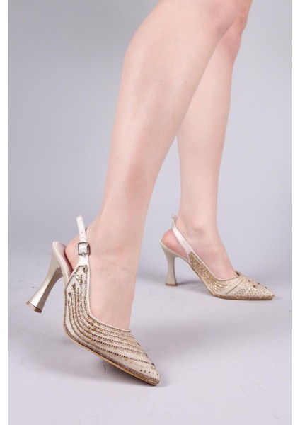Melk Damla Taşlı Arka Açık Stiletto Gold