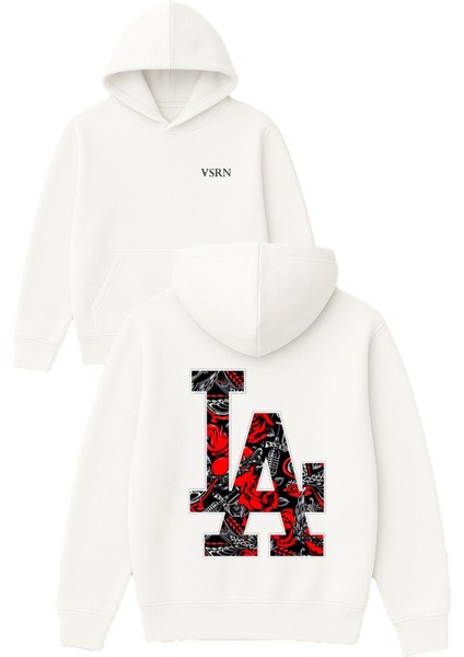 Kırmızı Detaylı Los Angeles Tasarım Baskılı Oversize Beyaz Kapüşonlu Sweatshirt