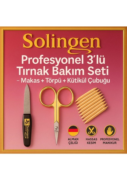 Alman Çeliği 3’lü Tırnak Bakım Seti – Makas, Törpü, Kütikül Çubuğu