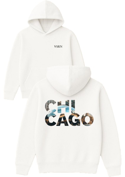 Chıcago Dünya Tasarım Baskılı Oversize Beyaz Kapüşonlu Sweatshirt