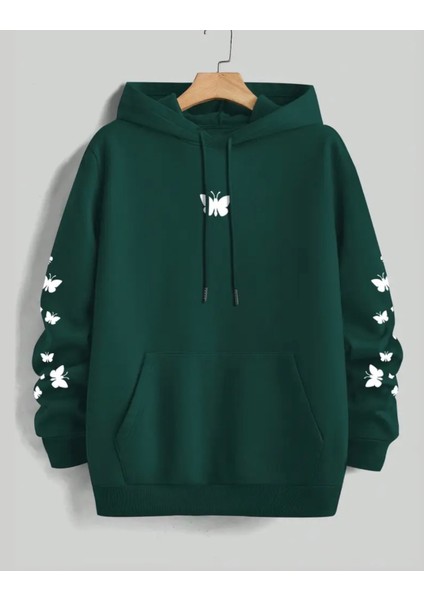 Punıx Büyük Beden Özel Tasarım Kapüşonlu Minimal Kelebekler Baskılı %100 Pamuk Oversize Kadın Sweatshırt