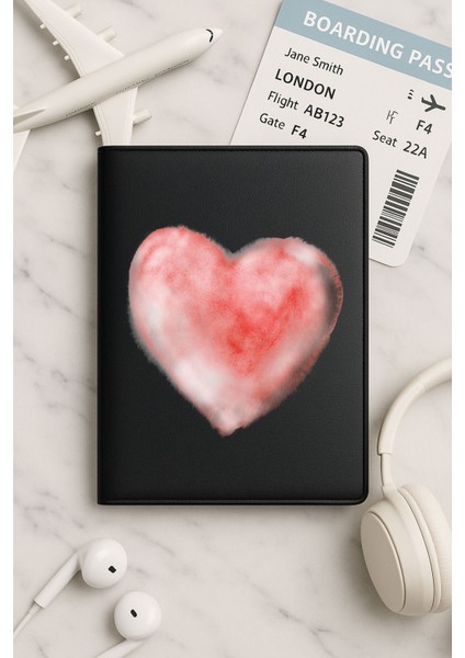 Tüm Ülke Pasaportları Için Siyah Vinleks Deri Pasaport Kılıfı Kabı Sulu Boya Kalp