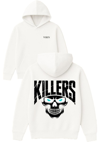 Kıllers Tasarım Baskılı Oversize Beyaz Kapüşonlu Sweatshirt