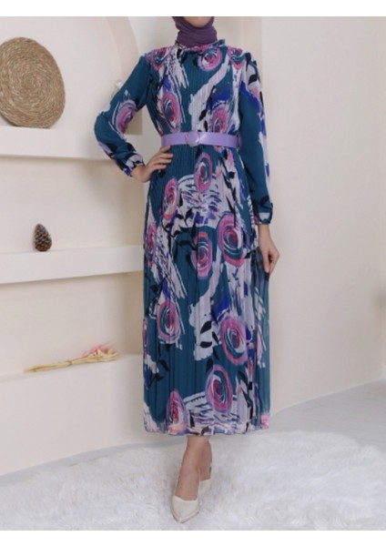 Petrol Mavisi Desenli Pileli Kemerli Uzun Kollu Şifon Boydan Elbise fiyatları