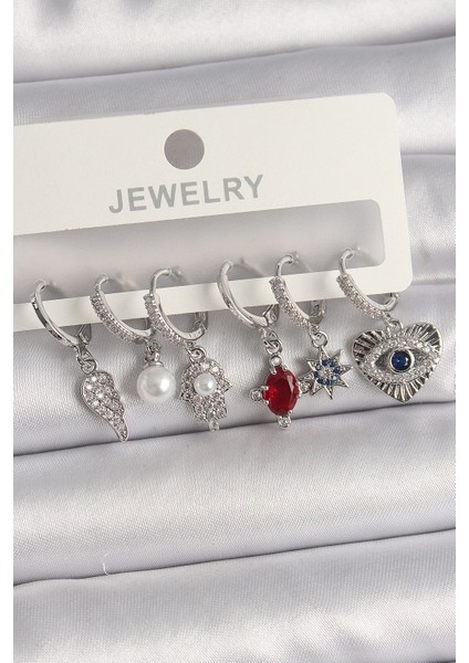 Bfs Pirinç Gümüş Renk Sallantı Zirkon Taşlı Fatma Ana El Figür Kadın Küpe Seti