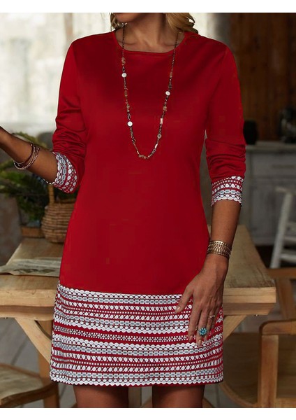 Kadın Uzun Kollu Bisiklet Yaka Kol Ağzı ve Etek Ucu Baskılı Iki Iplik Elbise fiyatları