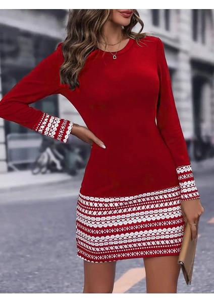 Kadın Uzun Kollu Bisiklet Yaka Kol Ağzı ve Etek Ucu Baskılı Iki Iplik Elbise modelleri