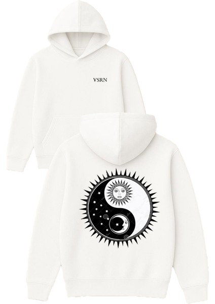 Güneş ve Ay Tasarım Baskılı Oversize Beyaz Kapüşonlu Sweatshirt