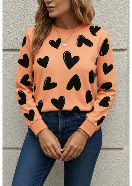 Kadın Uzun Kollu Bisiklet Yaka Kalp Desenli Iki Iplik Bluz