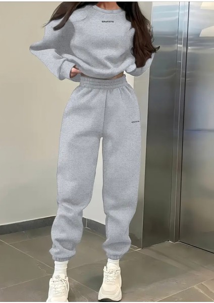 Punıx Büyük Beden Özel Tasarım Graphıte Baskılı Yuvarlak Yaka Modern Battal Kışlık Kadın Eşofman Takımı