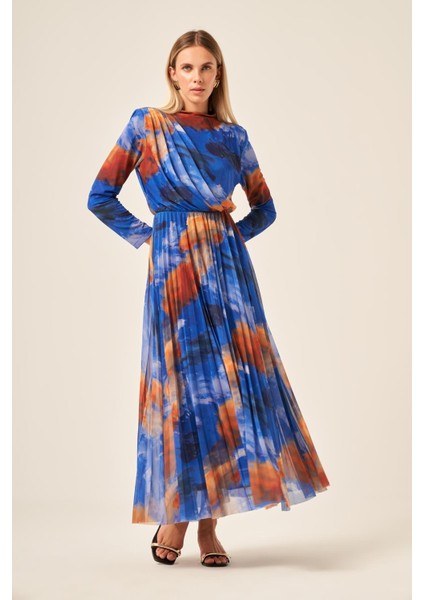 Kadın Likra Tül Elbise Mavi 30417