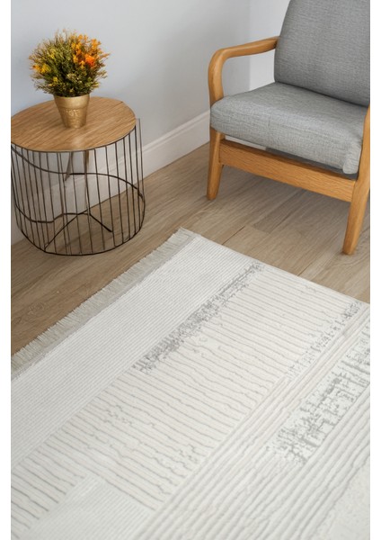 Beyaz Gri Polyester Halı Saçaklı Antibakteriyel Tozumaz Salon Oturma Çocuk Odası Yolluk