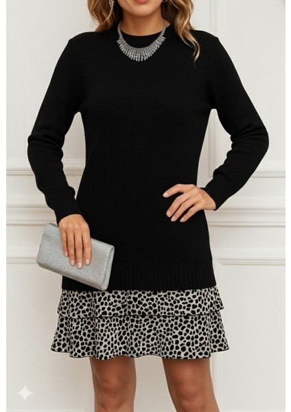 Kadın Uzun Kollu Üst Şardonlu Kaşkorse Alt Süprem Desenli Elbise modelleri