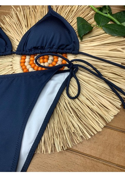 Kadın Likralı Esnek Yandan ve Boyundan Bağlamalı Şık Ipli Üçgen Bikini Takım fiyatları