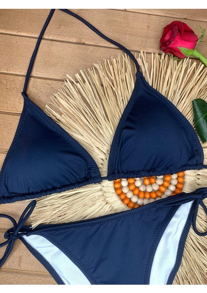 Kadın Likralı Esnek Yandan ve Boyundan Bağlamalı Şık Ipli Üçgen Bikini Takım indirimleri