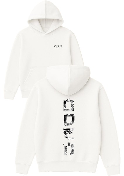 Oden Tasarım Baskılı Oversize Beyaz Kapüşonlu Sweatshirt
