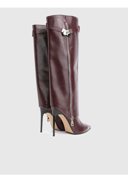 Bellina Hakiki Deri Bordo Kadın Topuklu Çizme