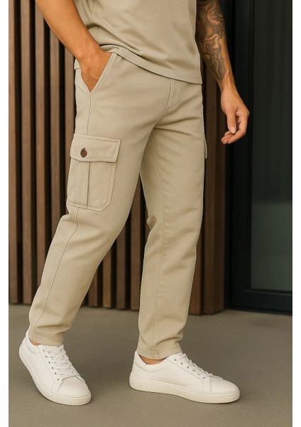 Erkek Bol Paça Trend Taş Gabardin Kargo Pantolon