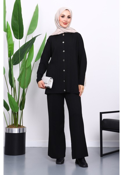 Siyah Gömlek Yaka Düğmeli Pantolonlu Triko Takım fiyatları