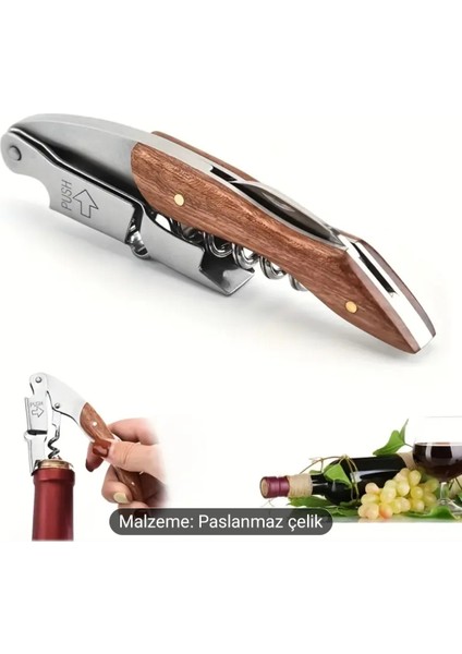 Tirbuşon Ahşap Saplı Paslanmaz Çelik
